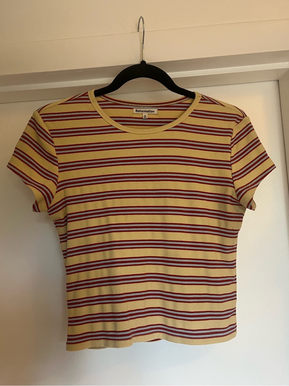 Reformation Yellow Tee with Red & Cream Stripes